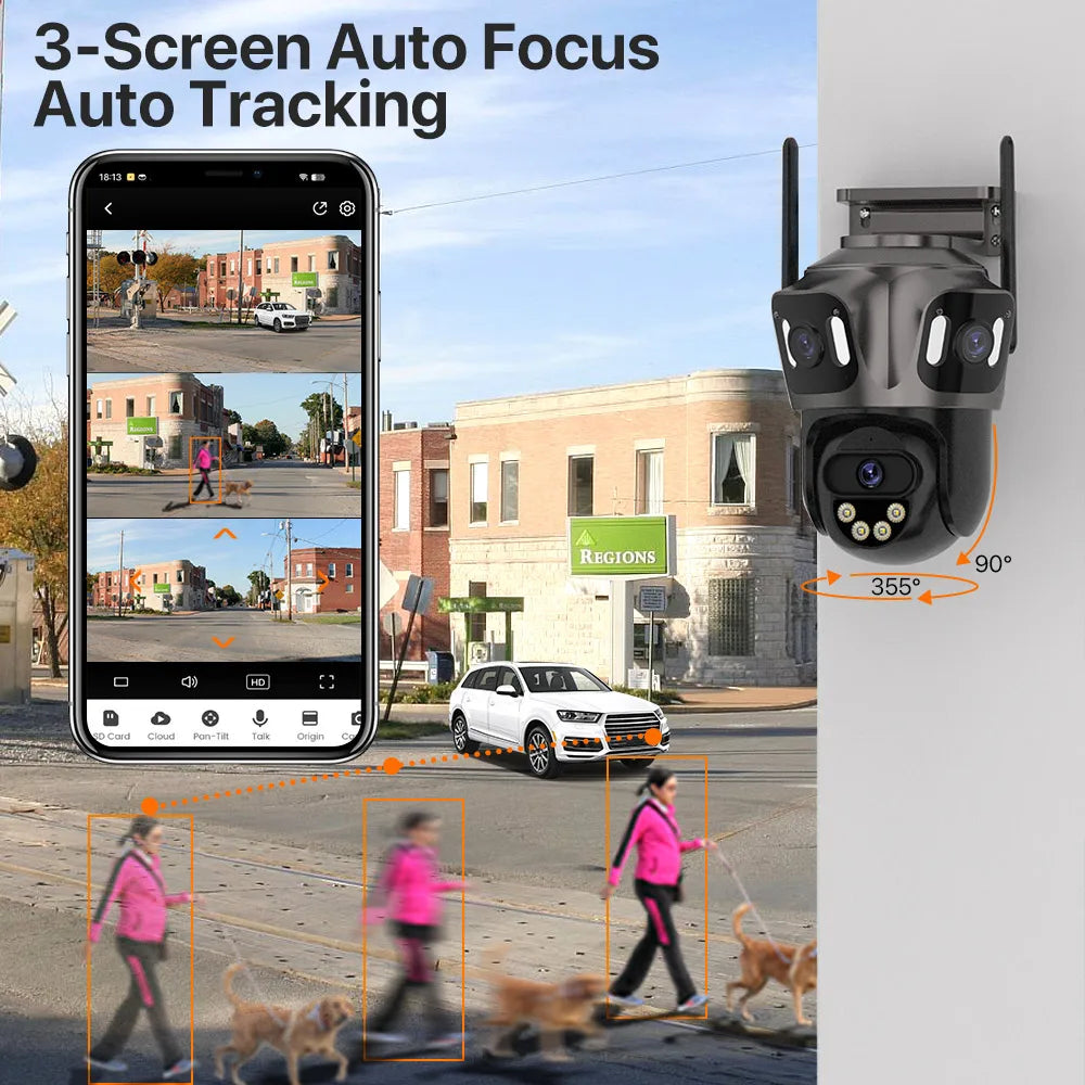 Three Screen WIFI IP Camera Outdoor 4K Dual Lens PTZ Camera Ai Human Detection IP66 Waterproof CCTV Video Security Camera iCsee