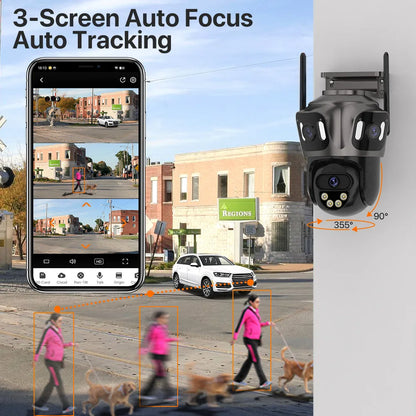 Three Screen WIFI IP Camera Outdoor 4K Dual Lens PTZ Camera Ai Human Detection IP66 Waterproof CCTV Video Security Camera iCsee