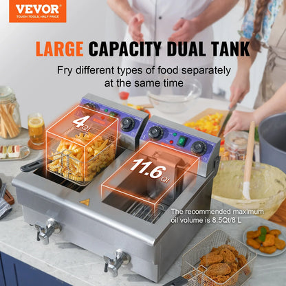 VEVOR Commercial Electric Deep Fryer w/Dual Tanks 12L Countertop Fryer w/Oil Filter and Timed for Fried Chicken French Frie