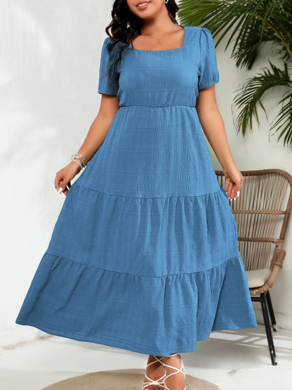 Plus size verão vestido longo feminino gola quadrada moda magro cintura alta senhoras vestidos plissado solto vestido de mulher