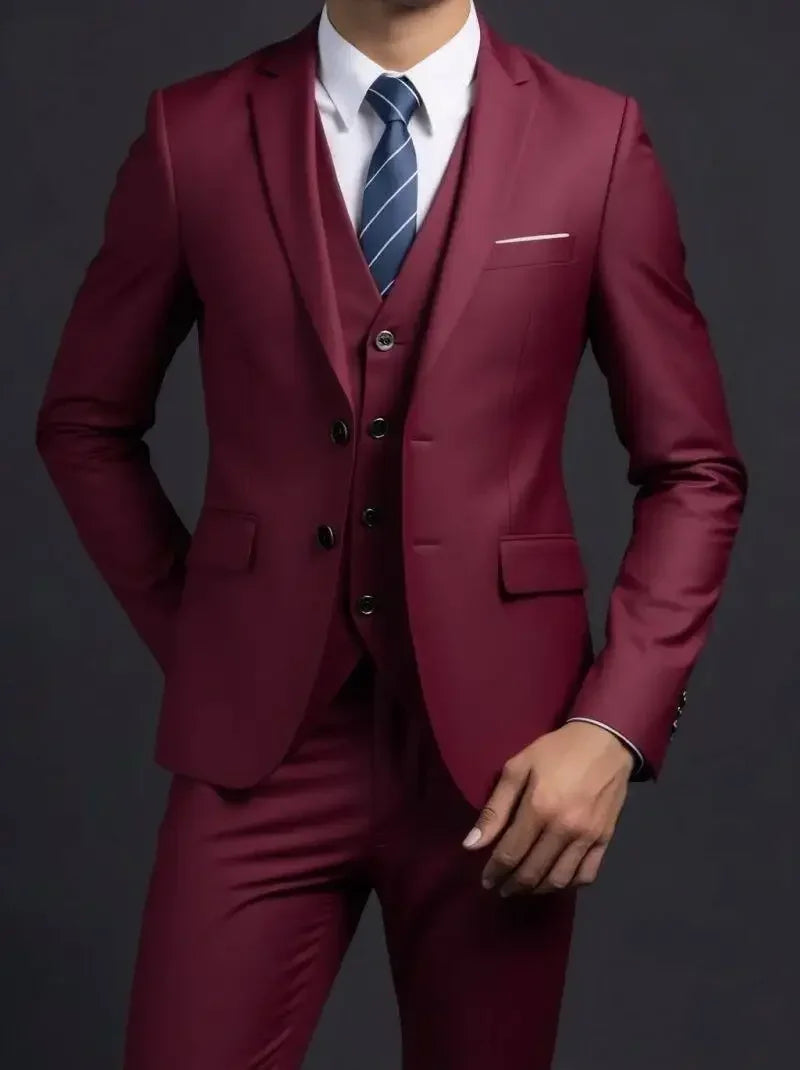 Men's Fashionable Gentleman Business British Style Solid Color Banquet Host Casual Wedding Suit (Blazer + Vest + Trousers)