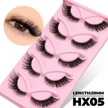 GROINNEYA Cat Eye Lashes 5 Pairs Natural Fake Eyelashes Clear Band Lashes Natural long Winged End Eye Elongated Eyelashes Makeup
