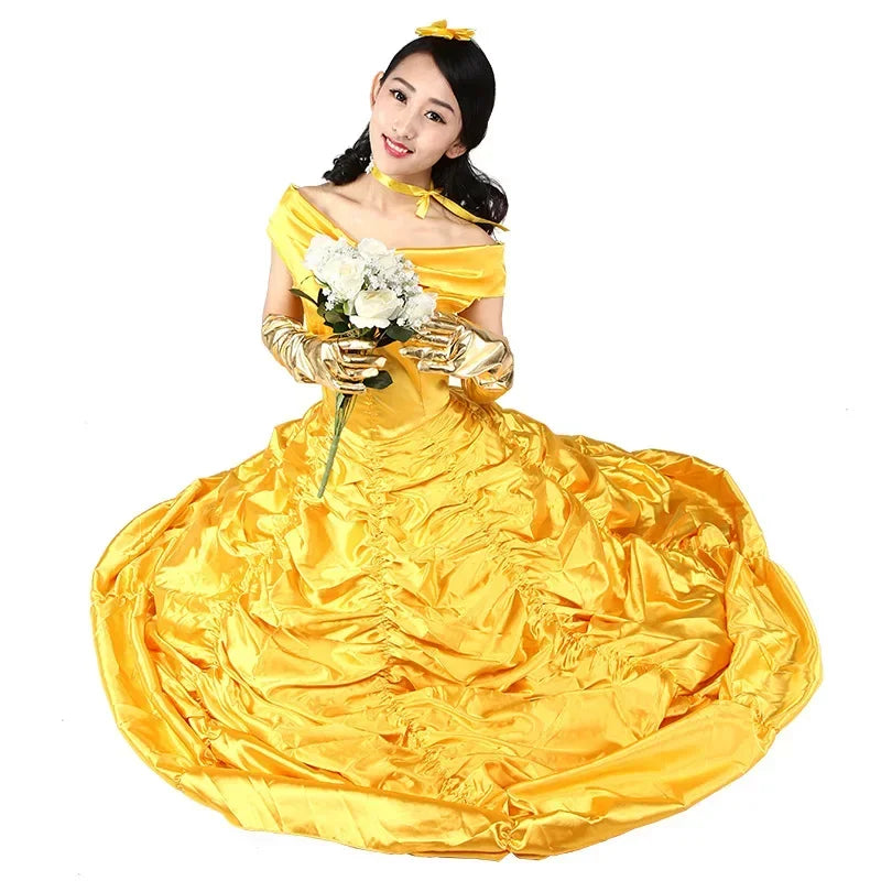 New adults cosplay christmas womens princess ball gown beauty and the beast belle costume for dress yellow gown fancy women