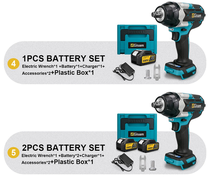 Gisam 1800N.M Torque Brushless Electric Impact Wrench 1/2 inch Screwdriver Cordless Wrench Power Tool For Makita 18V Battery Pin
