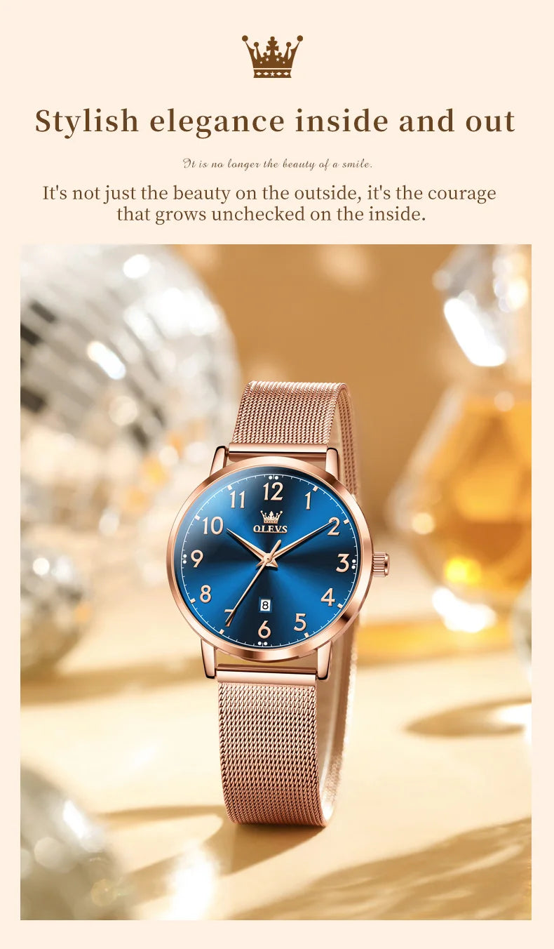 OLEVS 5653 Woman Watches Elegant Original Quartz Watch Waterproof Arabic Numerals Mesh Belt Date Ladies Watch Set Bracelet Watch