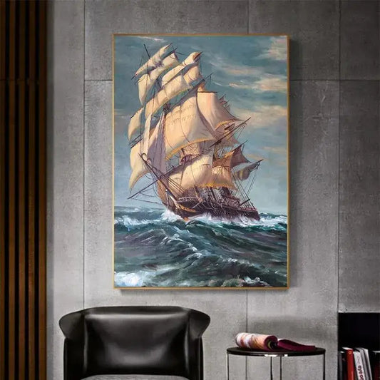 Nordic Vintage Nautical Oil Painting Seascape Canvas Print Sailboat Wall Art Decor for Home Living Room Bedroom
