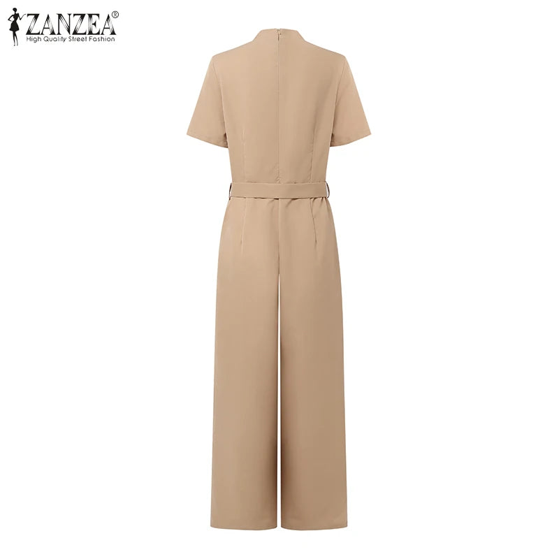 ZANZEA Street Fashion High Waist Jumpsuits Women Workwear Belt Rompers Solid Deep V Neck Elegant Office Lady Long Overalls