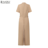 ZANZEA Street Fashion High Waist Jumpsuits Women Workwear Belt Rompers Solid Deep V Neck Elegant Office Lady Long Overalls