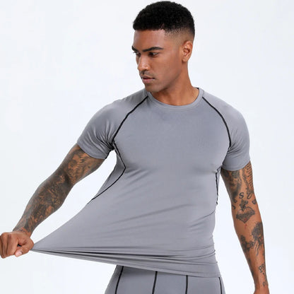 Top de compressão masculino, camiseta de treino ativa com estiramento médio respirável e absorção de umidade para esportes ao ar livre