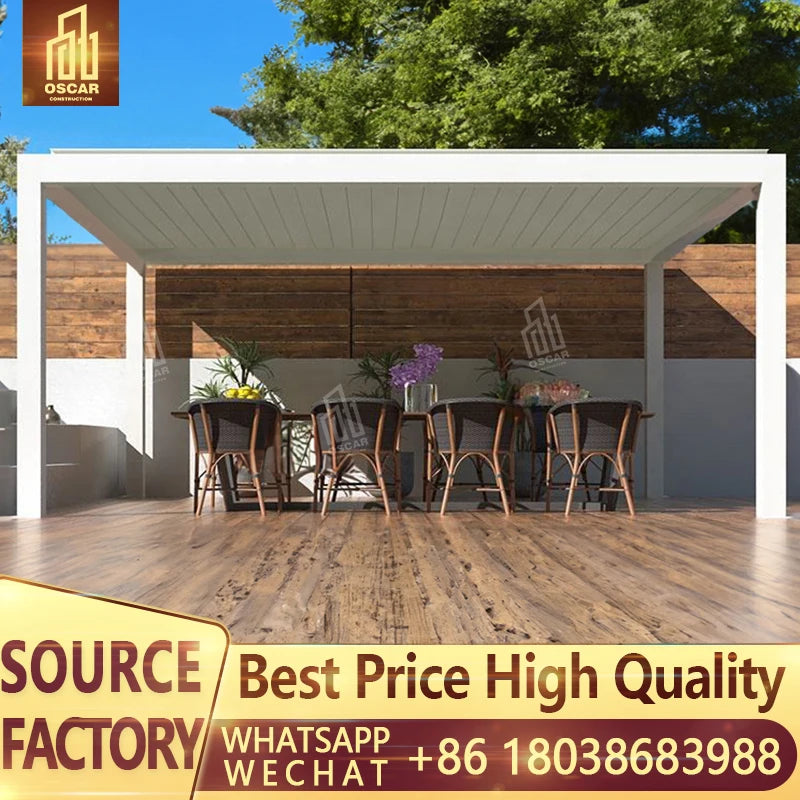 Sistema de toldo de techo de pérgola de vidrio retráctil de aluminio con apertura motorizada y cubierta eléctrica ajustable para terraza. Techo de pérgola para exteriores.