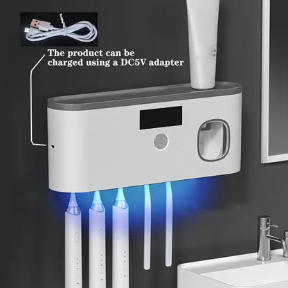1 Intelligent Toothbrush Sterilizer, Wall Mounted Toothbrush Holder with Toothpaste Dispenser, Toothbrush Disinfection Device
