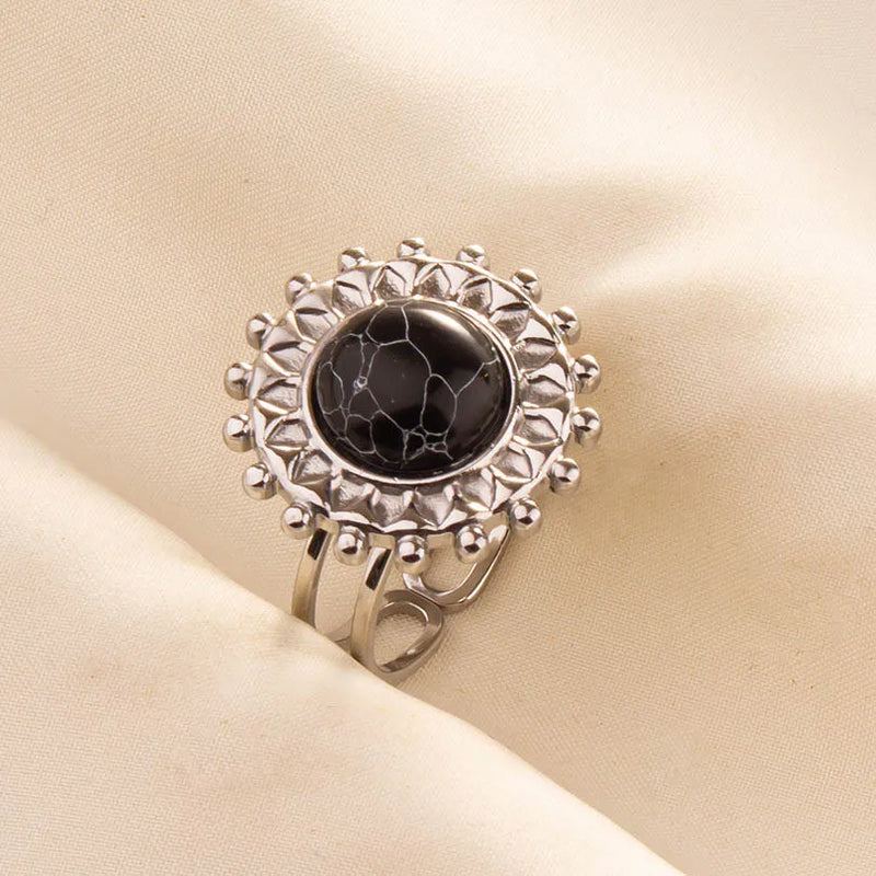 1pc Boho Turquoise Ring Stainless Steel Black Stone Silver Color Adjustable Ring Women Ethnic Ring Bohemian Jewelry Gift No Fade