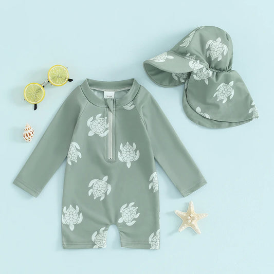 Traje de baño Tregren para niños pequeños, de manga larga, con estampado de tortuga y dinosaurio, con gorro de baño y ropa de playa.