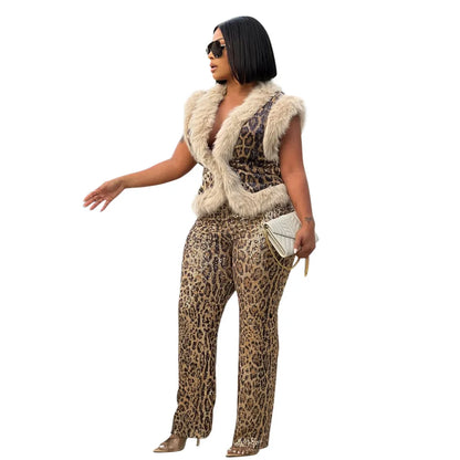 CM.YAYA Conjunto de mujer sin mangas de piel de leopardo con lentejuelas, cuello en V, chaleco de lana y pantalón, conjunto de 2 piezas Street Two 2024, chándal