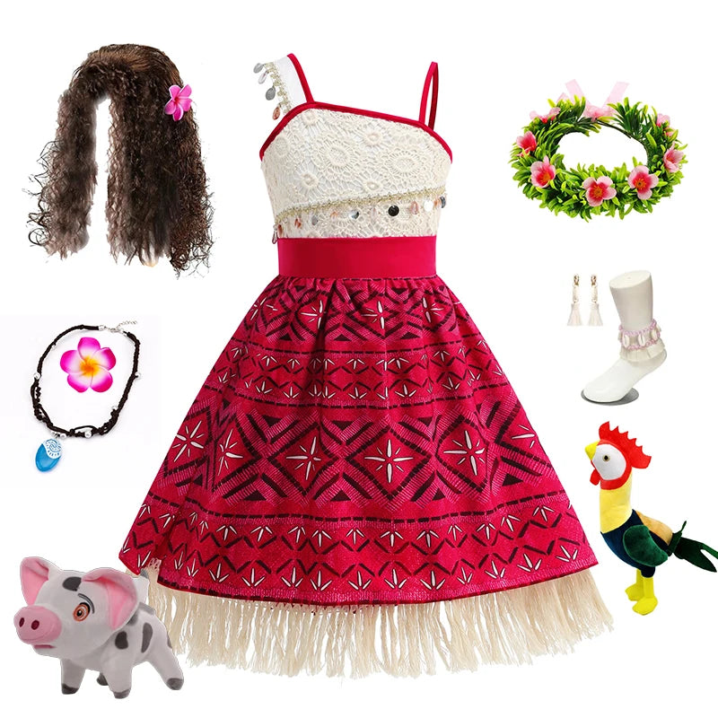 Disney Moana 2 Vaiana Costume Girls Princess Dress Children Purim Lace Clothes Kids Cartoon Cosplay Outfits Birthday Party Frock