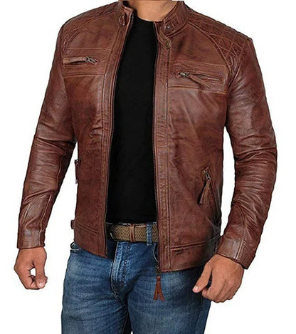 2023 Men Leather Jacket Teenagers Stand Collar Punk Men Motorcycle Leather Jacket Brown Leather Jacket