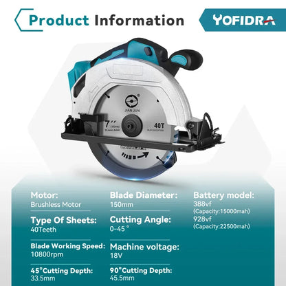Sierra circular eléctrica sin escobillas Yofidra de 7 pulgadas y 180 mm, 10800 RPM, herramienta de corte inalámbrica y eficiente para carpintería, compatible con batería Makita de 18 V. 