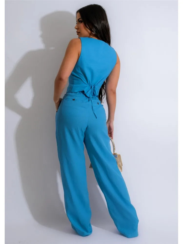 Fashion Sleeveless Vest Pants Women's Solid Color Suit Spring Summer V-Neck Ultra Short Top + Slim Pants Female Office 2 Piece Set
