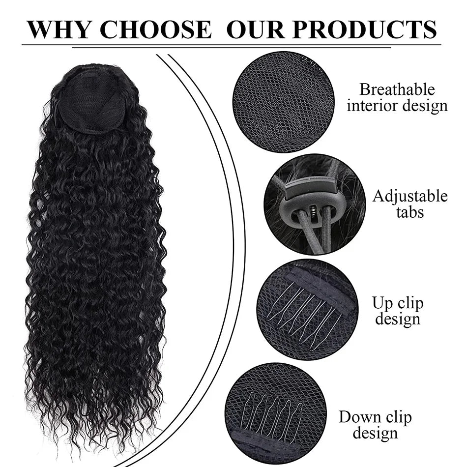 Extensões de rabo de cavalo cacheado longo 80cm aplique sintético com cordão e clip water wave