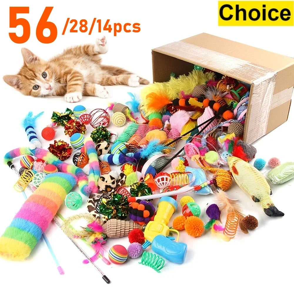 56pcs/28pcs/14pcs Cat Toys Mixed Pack. A Combination of Various Plastic Toys and Plush Toys Suitable for Multiple Cats to Play
