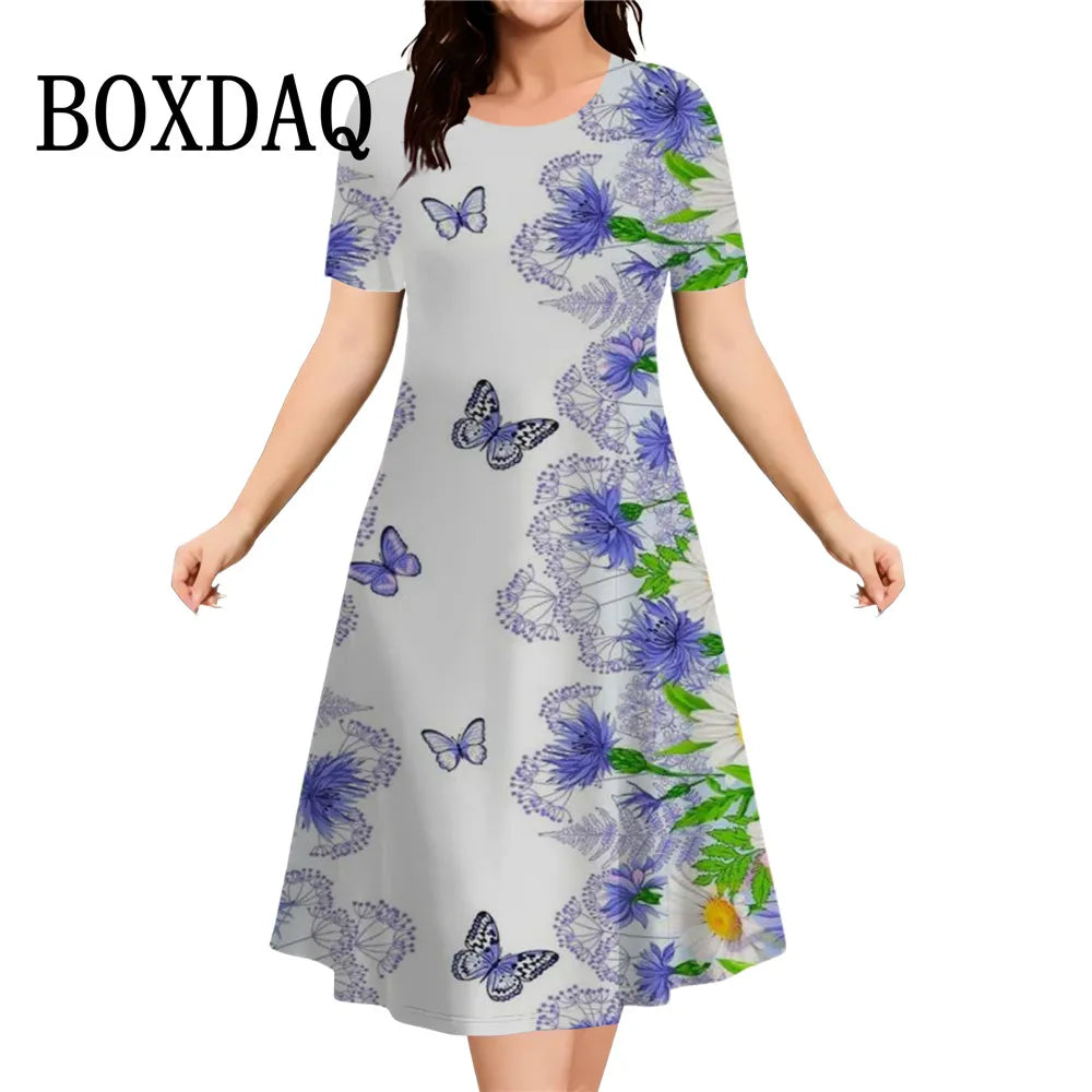 Fashion Elegant Women‘S Dresses Butterfly Flowers Print Dress Casual O-Neck Loose Plus Size Vacation A-Line Clothes 2026 Summer
