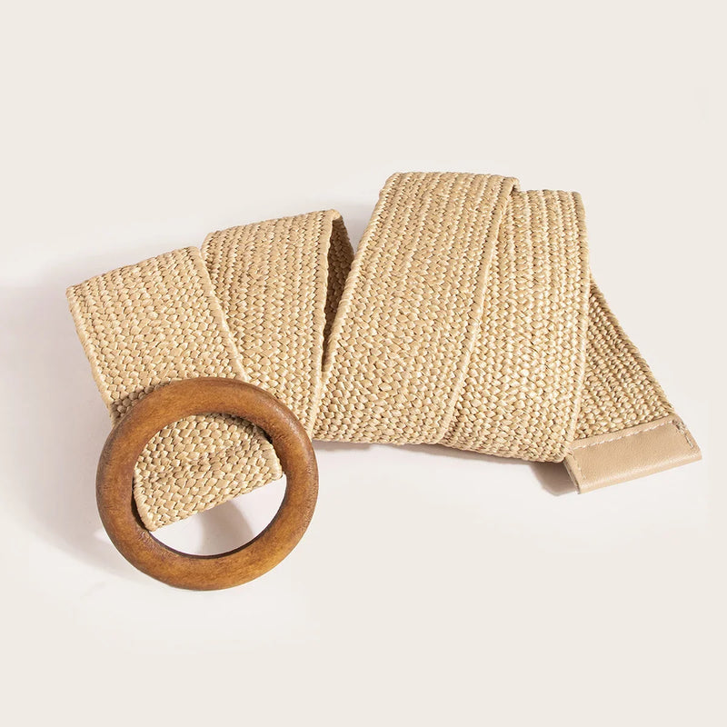 Ladies Round Dark Wooden Buckle Pp Straw Woven Elastic Belt Versatile Summer Fashion Bohemian Style Geometric Pattern