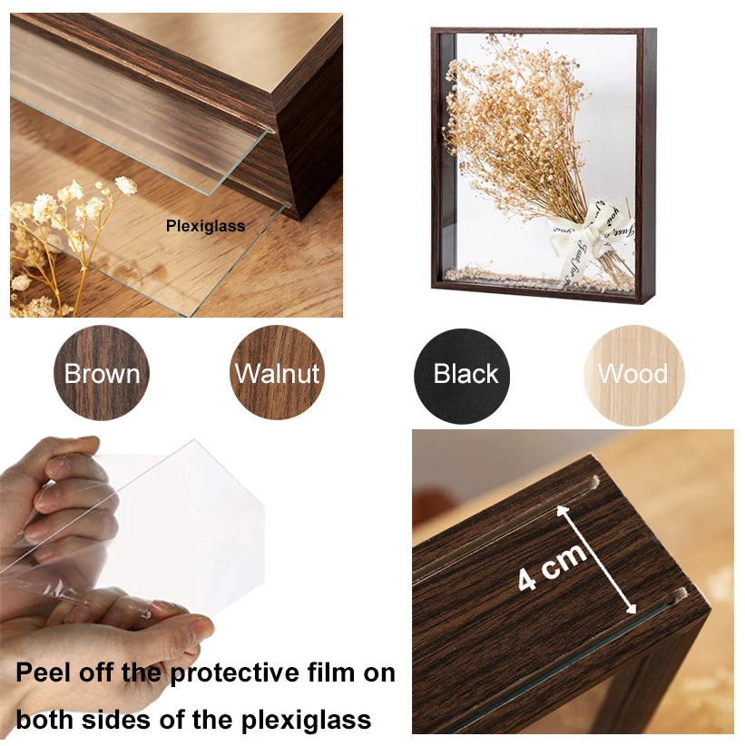 4cm Deep Transparent Shadow Box Frames Bouquet Display Flower Case Deep for Crafts 3D Picture Memorabilia Memory Wooden Tabletop