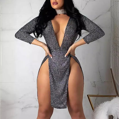 Vestido mini sexy de escote en V profundo y escotado, elegante y de manga larga para mujer, para fiesta en club.