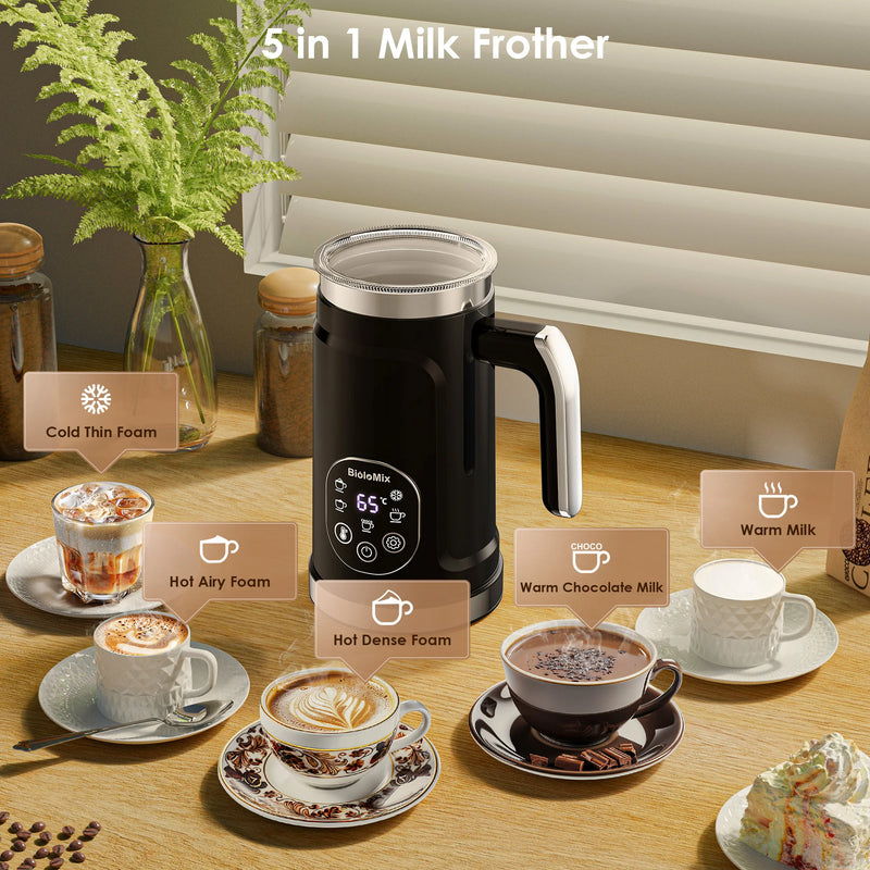 BioloMix Upgraded 5-in-1 LED Touch Screen Milk Frother for Lattes, Hot And Cold Foam Maker