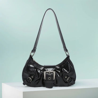 Women's Pleated Hobo Red Shoulder Bag Vintage Leather Spicy Girl Y2K Armpit Bag Rivet Belt Trendy Saddle Bag Travel Commuter Bag