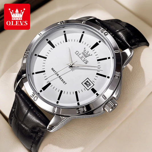 Reloj OLEVS para hombre, correa de cuero, resistente al agua, de cuarzo, sencillo, con calendario, de pulsera, exclusivo, nuevo