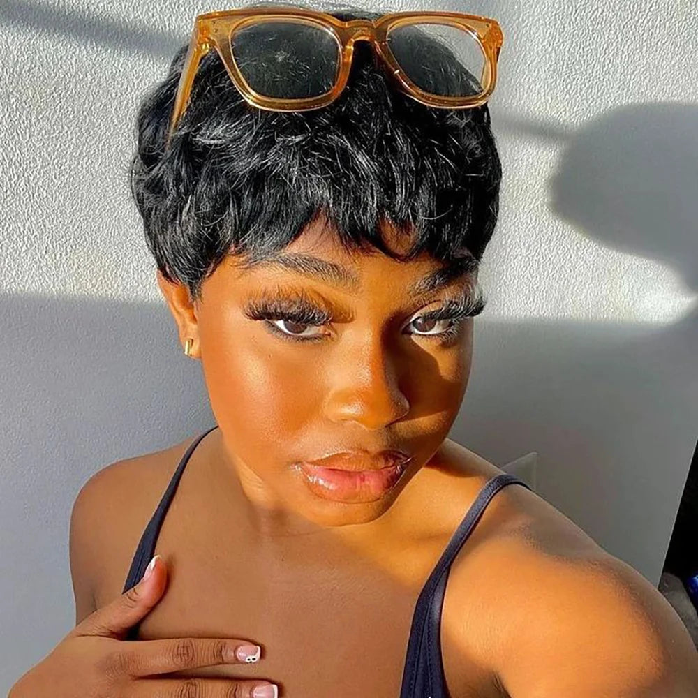 Short Pixie Cut Human Hair Wig for Black Women, Machine-Made Wigs with Bangs, Short Human Hair Wigs