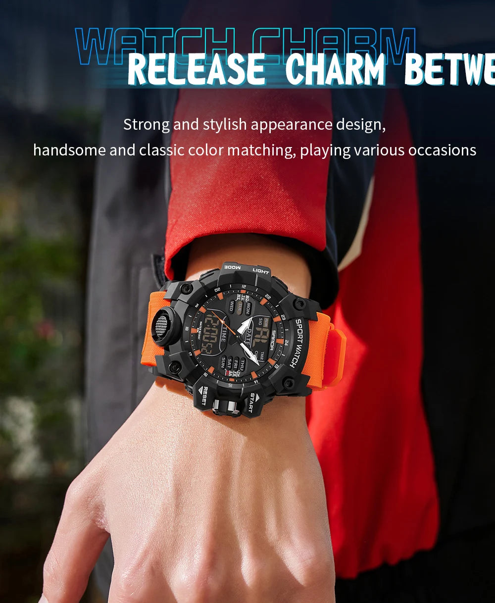 SANDA Luxury G Style Men's Electronic Watch Outdoor Sports LED Analog Digital Chronograph Military Dual Display 50M Waterproof