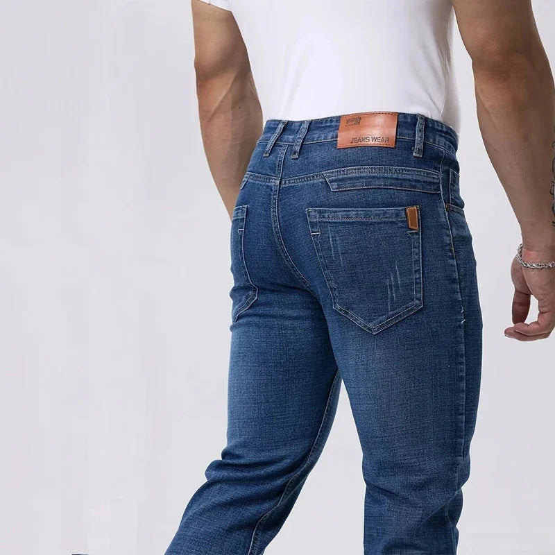 Spring Autumn Business Men Jeans Casual Straight Stretch Fashion Classic Black Sky Blue Grey Work Denim Trousers Brand Clothing