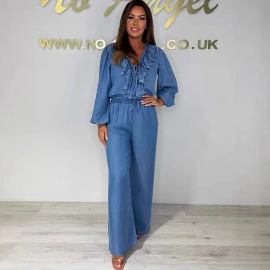 Casual Fashion Women's Set Temperament Lotus Leaf Collar Long Sleeve Top High Waist Wide Pants Denim Set 2025 Autumn New Style
