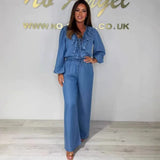 Casual Fashion Women's Set Temperament Lotus Leaf Collar Long Sleeve Top High Waist Wide Pants Denim Set 2025 Autumn New Style