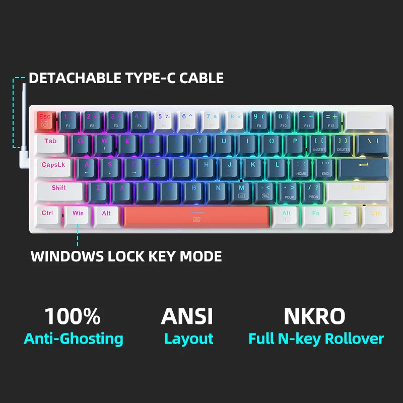 Mini teclado mecánico Machenike K500-B61 con factor de forma del 60%, 61 teclas, teclado para juegos con cable, teclas completas, retroiluminación RGB intercambiable en caliente