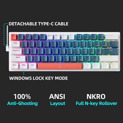 Mini teclado mecánico Machenike K500-B61 con factor de forma del 60%, 61 teclas, teclado para juegos con cable, teclas completas, retroiluminación RGB intercambiable en caliente