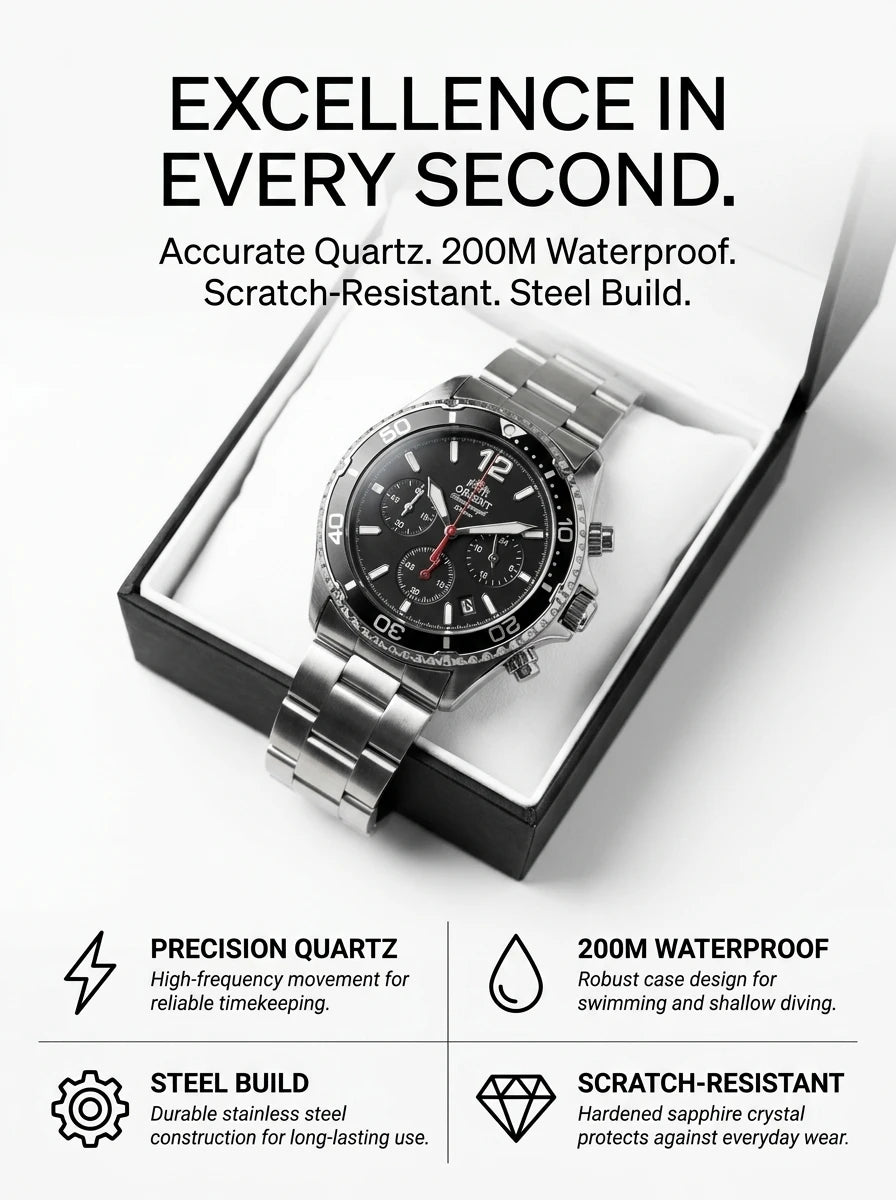 Relógio masculino cronógrafo solar diver em aço inox a prova de agua 200mm