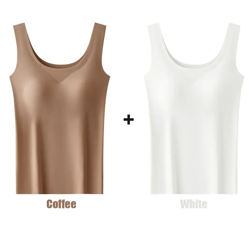2 piezas/lote de camiseta sin mangas de seda sin costuras con almohadilla fija en el pecho para mujer, camisola sin mangas, ropa interior exterior, camisola de verano de alta elasticidad