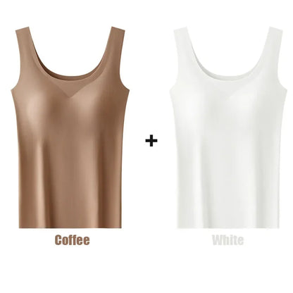 2 piezas/lote de camiseta sin mangas de seda sin costuras con almohadilla fija en el pecho para mujer, camisola sin mangas, ropa interior exterior, camisola de verano de alta elasticidad