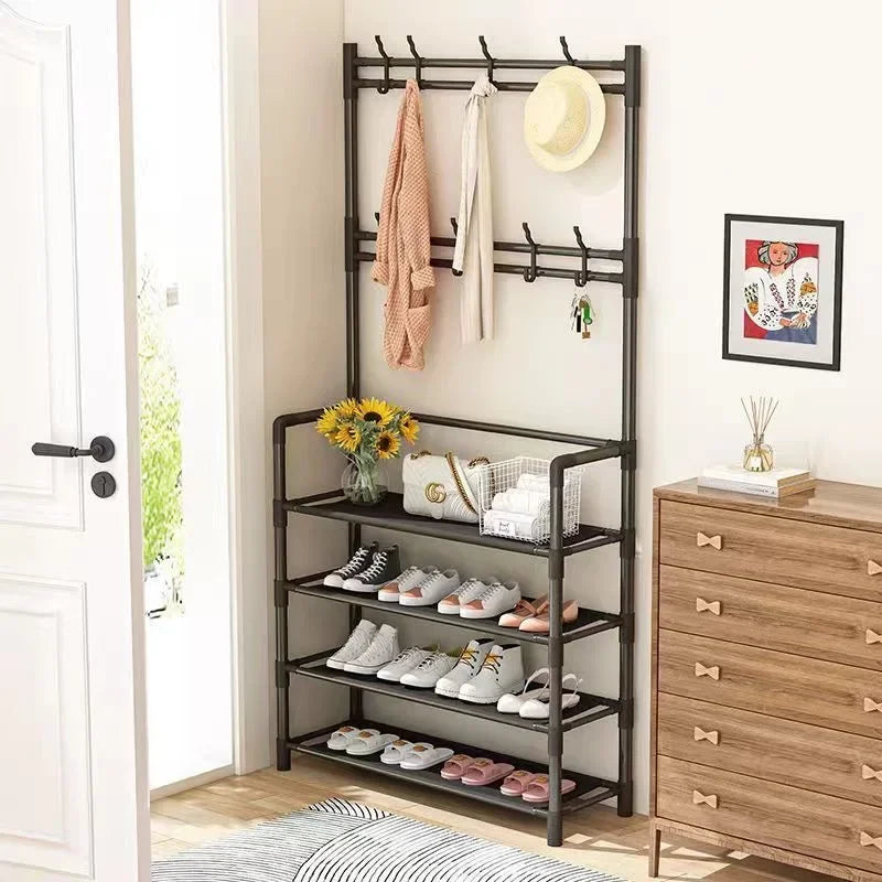 Zapatero de múltiples capas para el hogar, perchero integrado para abrigos y sombreros, puerta para zapatos, estante multifuncional simple