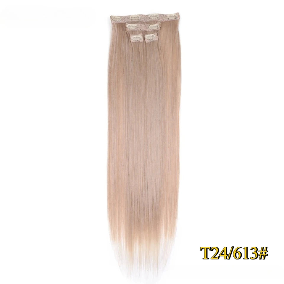 Kit 4 peças extensões de cabelo liso 60cm clip in aplique sintético ombre castanho e louro