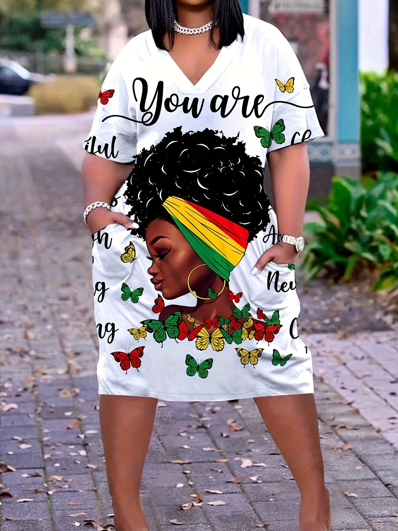 Vestido de mujer con cuello en V, manga corta y estampado gráfico, estilo casual y cómodo con bolsillos, talla grande 