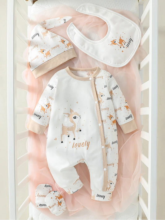 4Pcs Baby Girls Long Sleeve All Seasons Cartoon Deer Open Stitch Pastoral Jumpsuit+Bib+Gloves+Hat