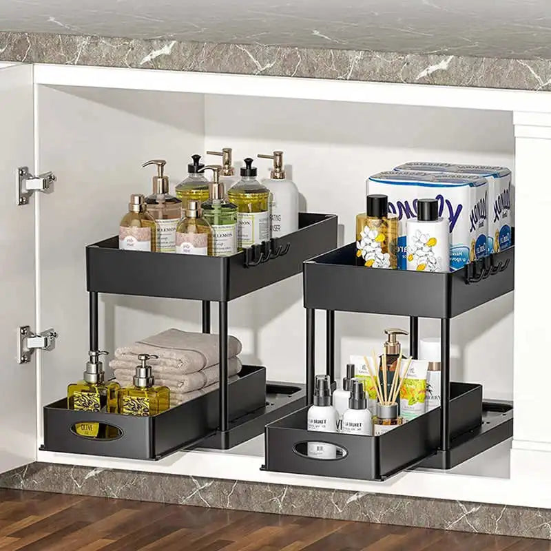 2 Tier Under Sink Organizer Sliding Cabinet Basket Organizer Storage Rack with Hooks Hanging Cup Bathroom Kitchen Organizer
