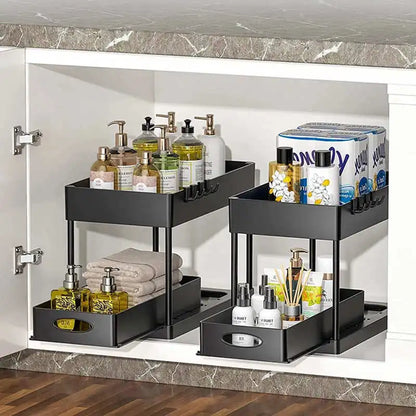 2 Tier Under Sink Organizer Sliding Cabinet Basket Organizer Storage Rack with Hooks Hanging Cup Bathroom Kitchen Organizer