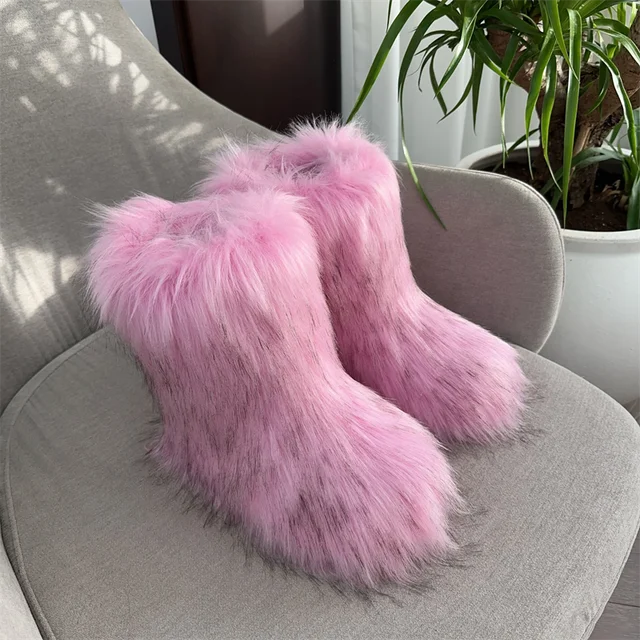 Botas de nieve de mapache para mujer, zapatos de media caña para exteriores, nuevas botas de invierno de una pieza 