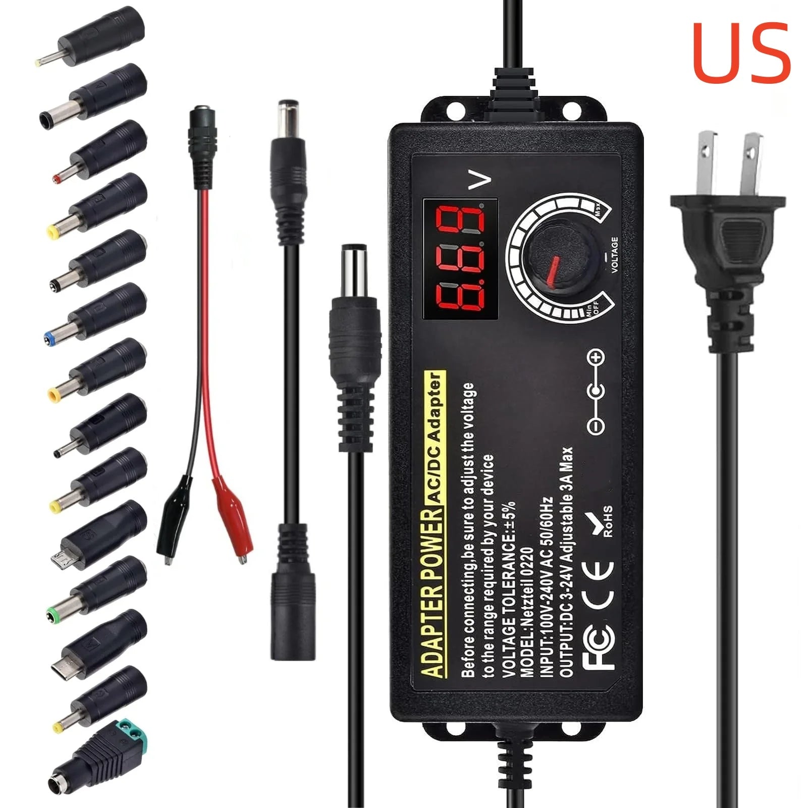 AC to DC Power Supply Adjustable Laboratory Supply Power Source 3V-24V-3A Portable Universal Adapter EU/US Plug Alligator Clip