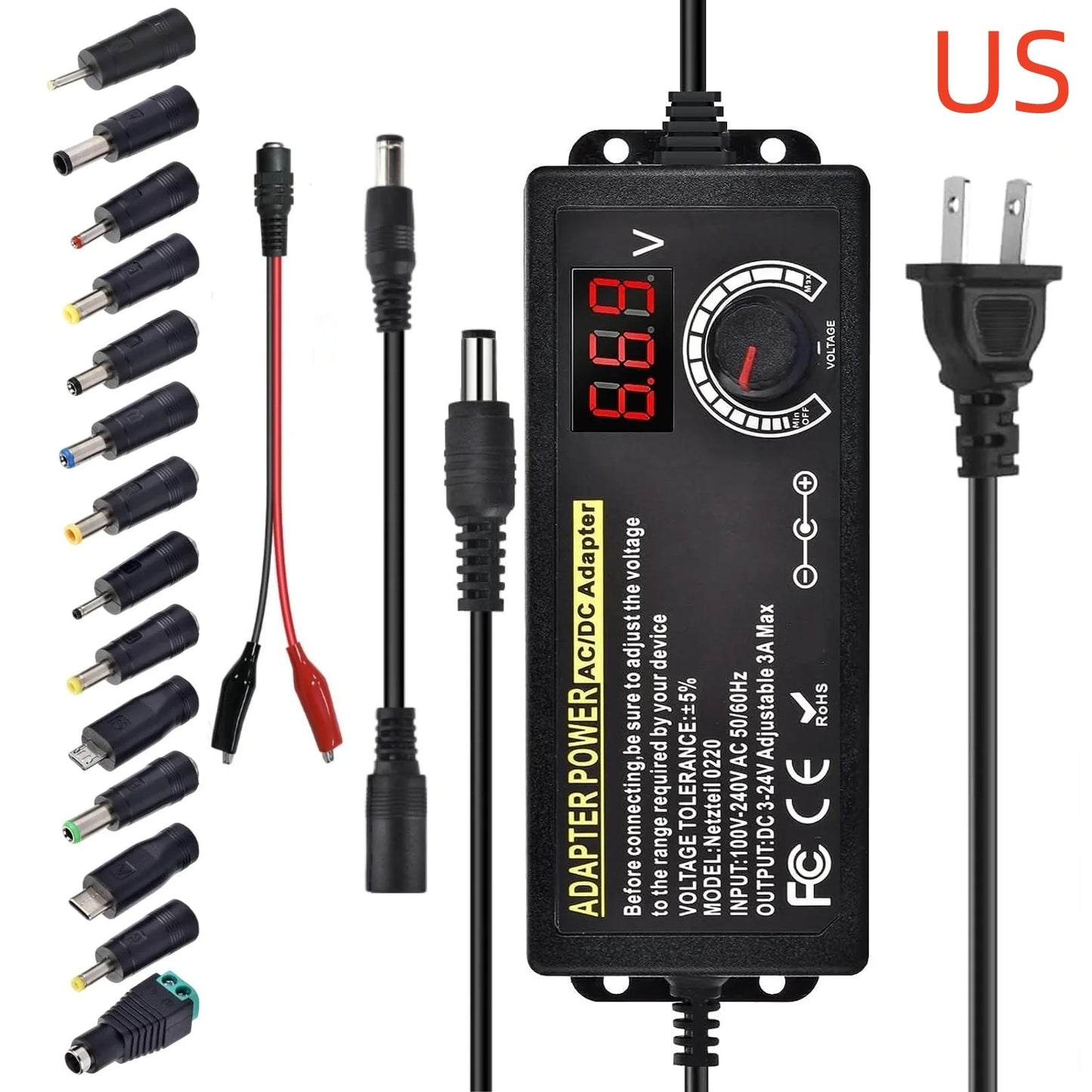 AC to DC Power Supply Adjustable Laboratory Supply Power Source 3V-24V-3A Portable Universal Adapter EU/US Plug Alligator Clip